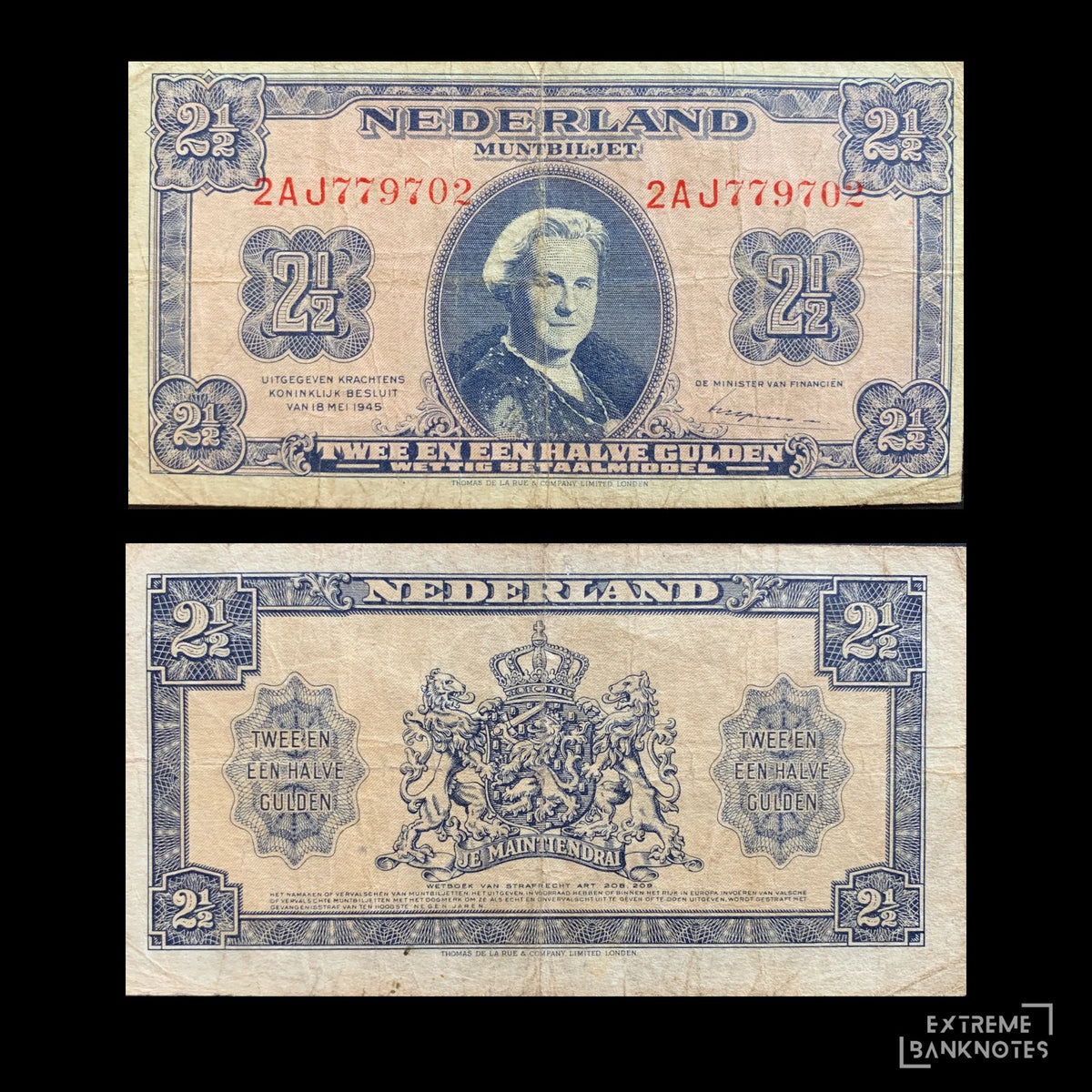 Netherlands 2½ Gulden 1945 P-71 VF – front and back