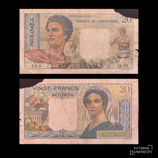 New Caledonia 20 Francs ND (1951) P-50a fair – front and back