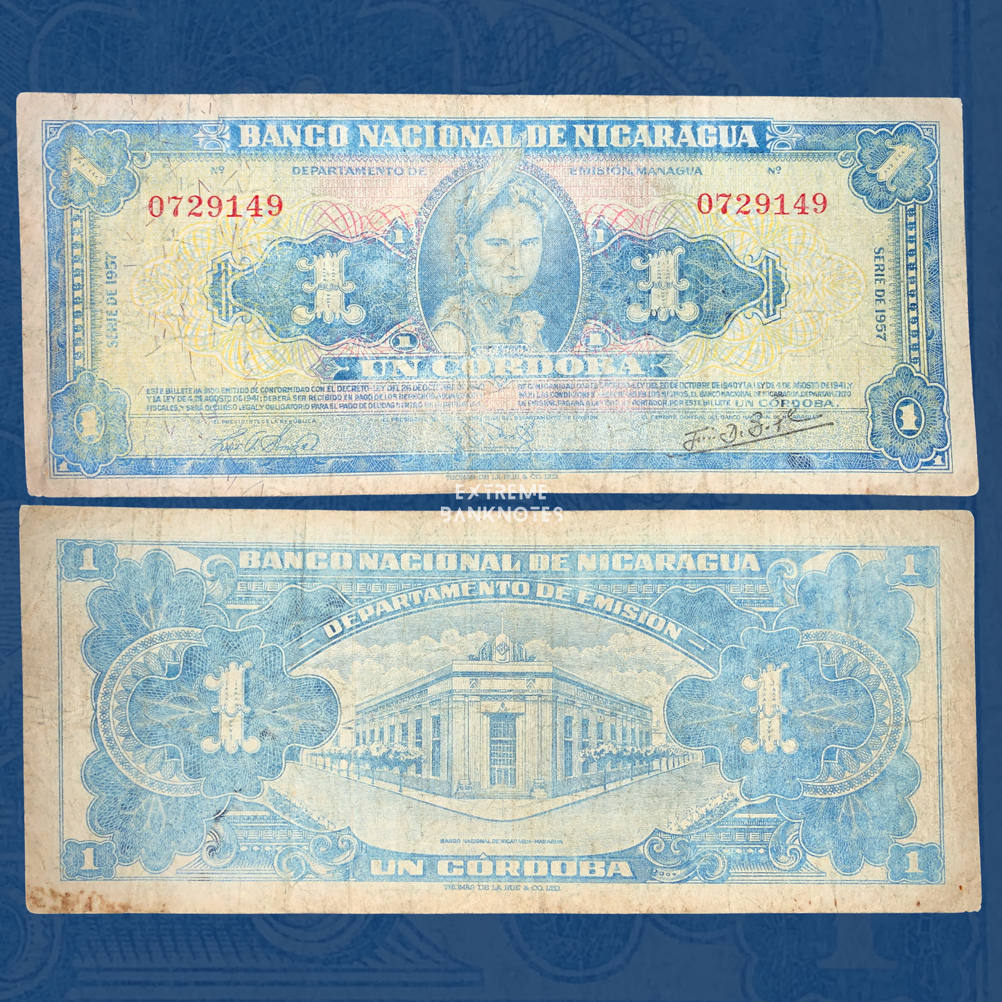 Nicaragua 1 Córdoba 1957 P-99b banknote featuring front and back designs, indigenous woman portrait, Banco Nacional de Nicaragua headquarters, and vintage collectible currency