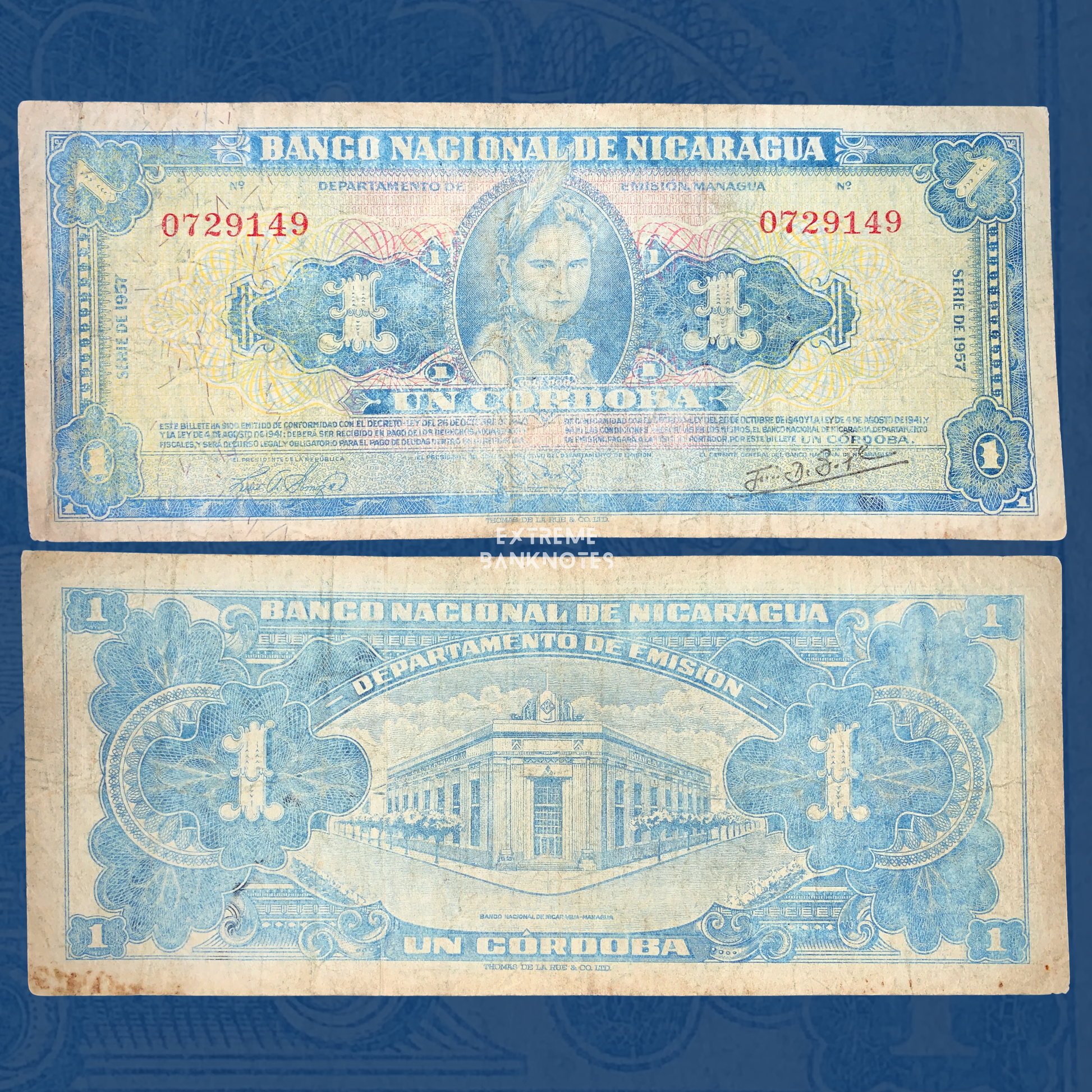Nicaragua 1 Córdoba 1957 P-99b banknote featuring front and back designs, indigenous woman portrait, Banco Nacional de Nicaragua headquarters, and vintage collectible currency