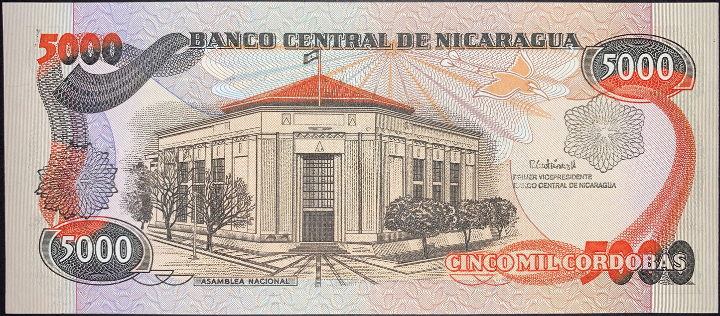 Reverse of Nicaragua 5000 Cordobas 1988 P-157 banknote showing National Assembly building, Banco Central de Nicaragua, colorful security patterns, UNC world paper money collectible.