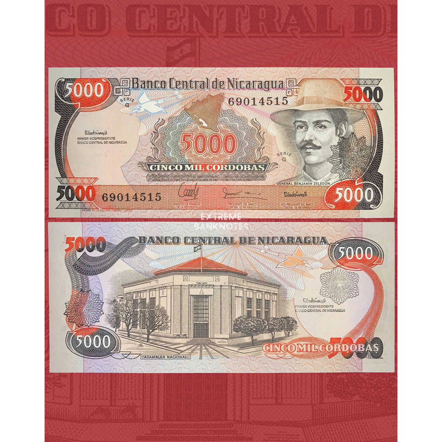 Nicaragua 5000 Cordobas 1988 P-157 UNC banknote front and back, General Benjamin Zeledon portrait, National Assembly building, original Banco Central de Nicaragua hyperinflation banknote collectible