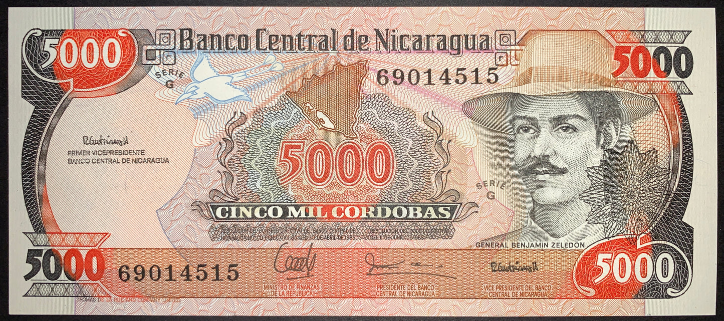 Obverse of Nicaragua 5000 Cordobas 1988 P-157 UNC banknote featuring General Benjamin Zeledon portrait, large 5000 denomination, security elements, collectible Nicaraguan currency note.