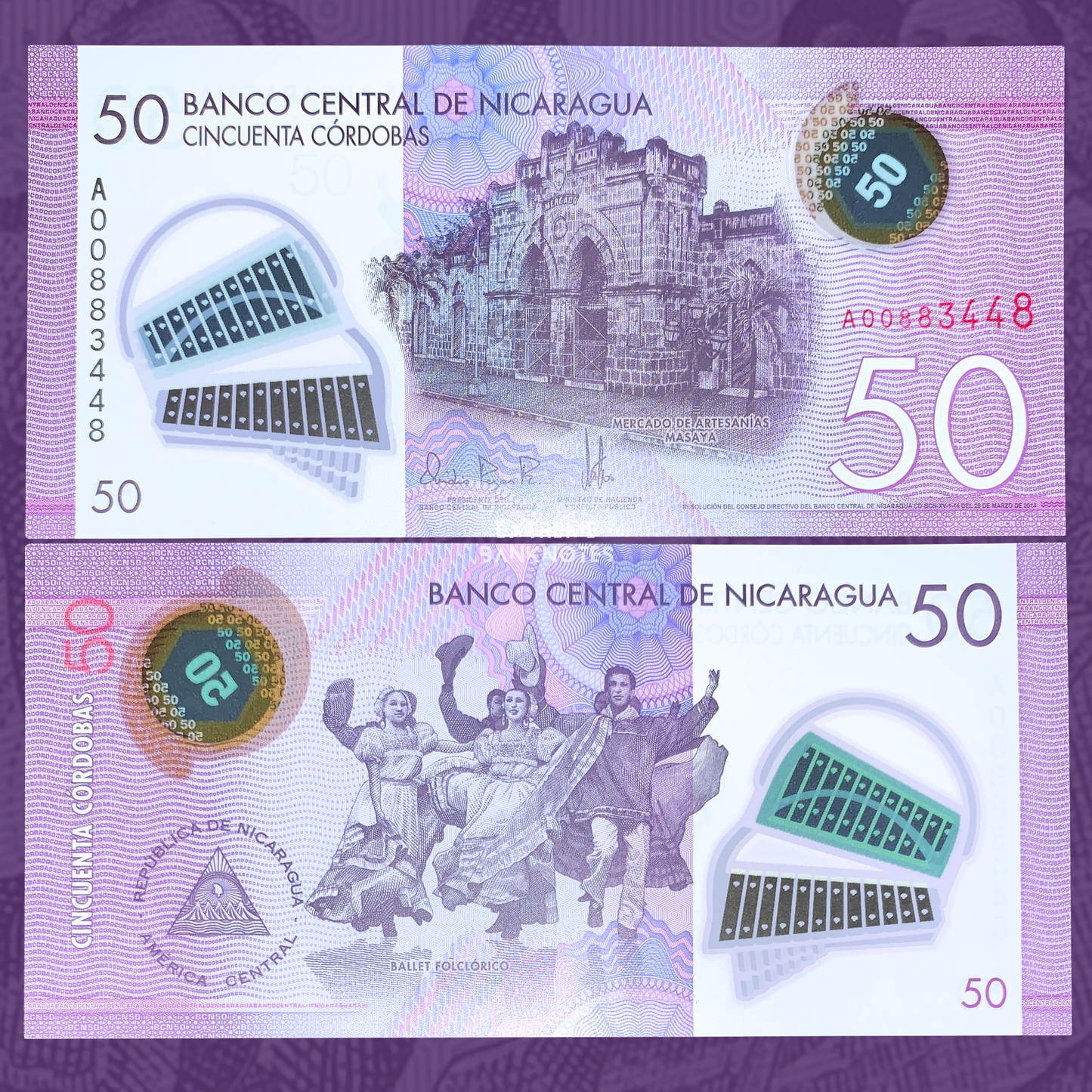 Nicaragua 50 Córdobas 2014 P-211a UNC polymer banknote featuring front and back designs, Mercado de Artesanías Masaya and folkloric dancers, collectible Central American currency