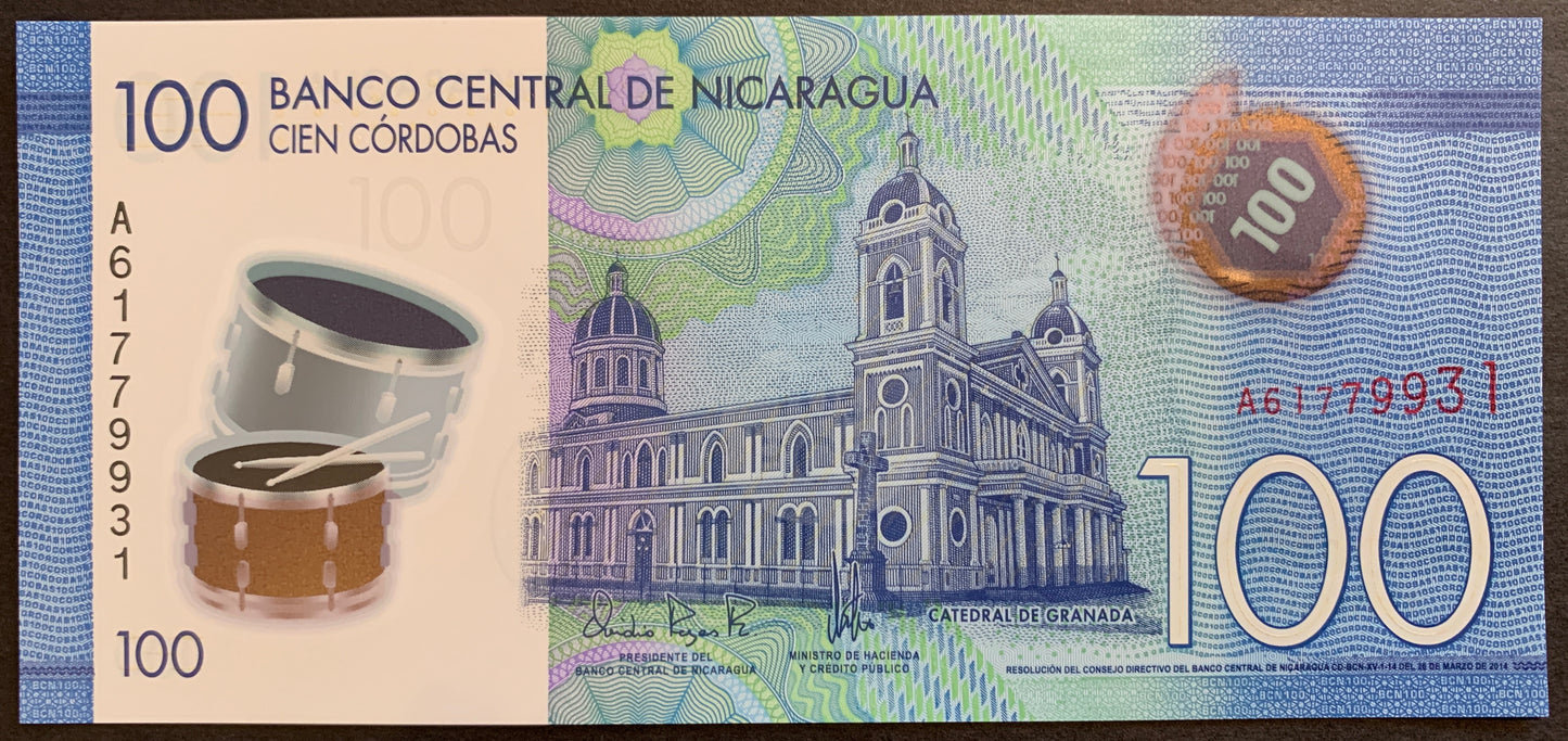 Nicaragua 100 Córdobas 2014 P-212a unc polymer banknote with drums and Cathedral of Granada