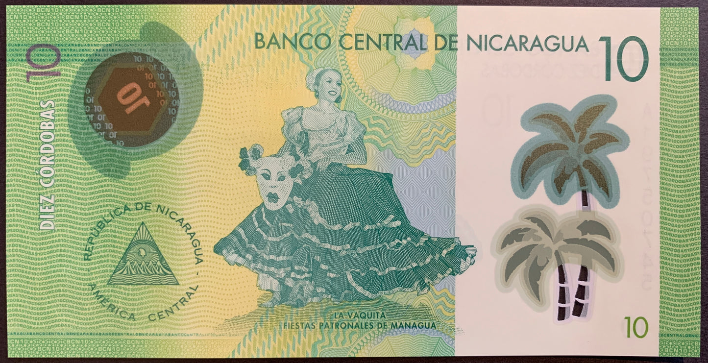 Nicaragua 10 Córdobas 2014 P-209a uncirculated polymer banknote with Fiestas patronales de Managua dancer