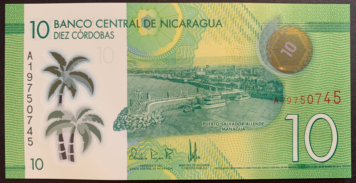 Nicaragua 10 Córdobas 2014 P-209a UNC polymer banknote with Puerta Salvador Allende