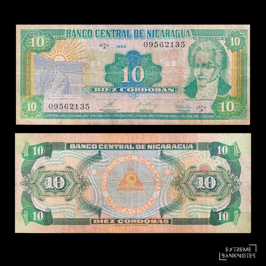 Nicaragua 10 Cordobas SERIES A 1990 P-175 F – front and back