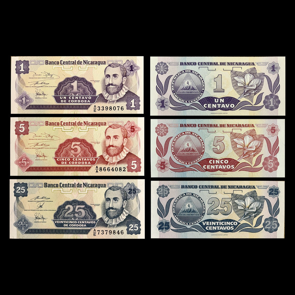 Nicaragua 1, 5 & 25 Centavos ND (1991) P-167, P-168, P-170 UNC set – fronts with Francisco Hernández de Córdoba, backs with the coat of arms and Sacuanjoche flower
