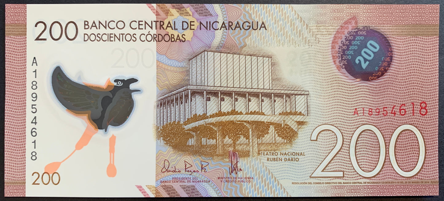 Nicaragua 200 Córdobas 2014 P-213a unc polymer banknote with Rubén Darío National Theatre and bird of paradise