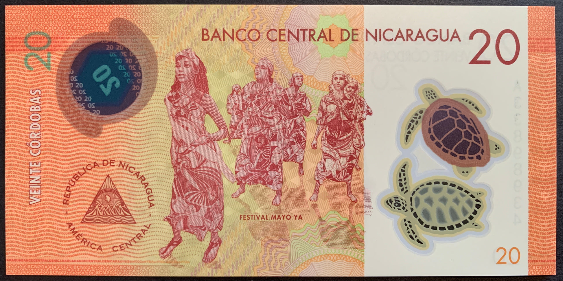 Nicaragua 20 Córdobas 2014 P-210a unc polymer banknote with Festival Maya Ya dancers