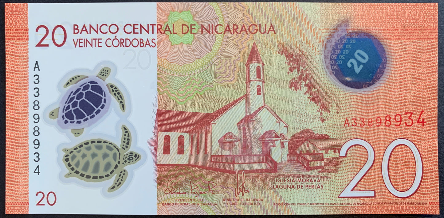 Nicaragua 20 Córdobas 2014 P-210a unc polymer banknote with Iglesia Morava en Laguna de Perlas and turtles