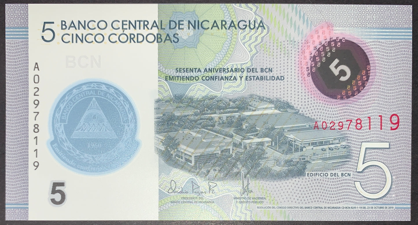 front of Nicaragua 5 Córdobas 2019 (2020) P-219 UNC Commemorative Polymer Banknote