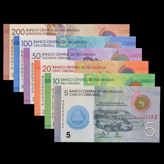 Set of colorful Nicaraguan polymer banknotes from 5 to 200 Córdobas on a black background.