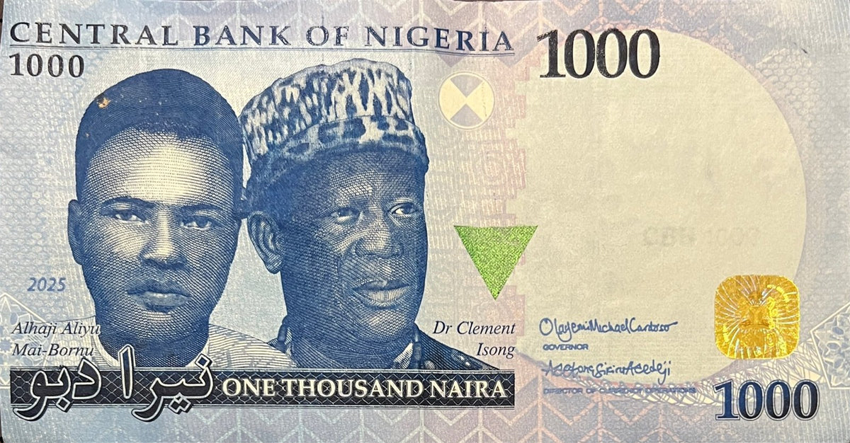 Front view of a very fine 2025 Nigeria 1000 Naira banknote featuring Alhaji Aliyu Mai-Bornu and Dr Clement Isong with a gold hologram.
