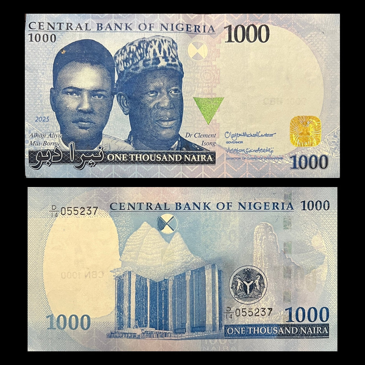 Nigeria 1000 Naira 2025 VF banknote – front with Aliyu Mai-Bornu and Clement Isong, back with the Central Bank of Nigeria building