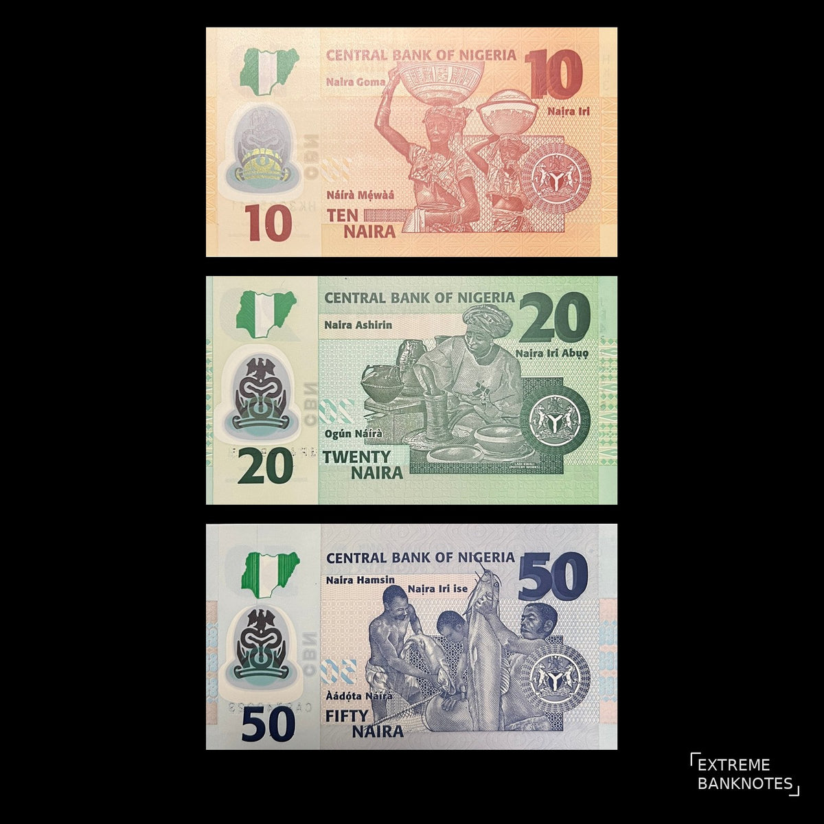 Back view of Nigeria 10, 20 and 50 Naira polymer banknotes showing Fulani milkmaids, potter Ladi Kwali and fishermen with their catch.