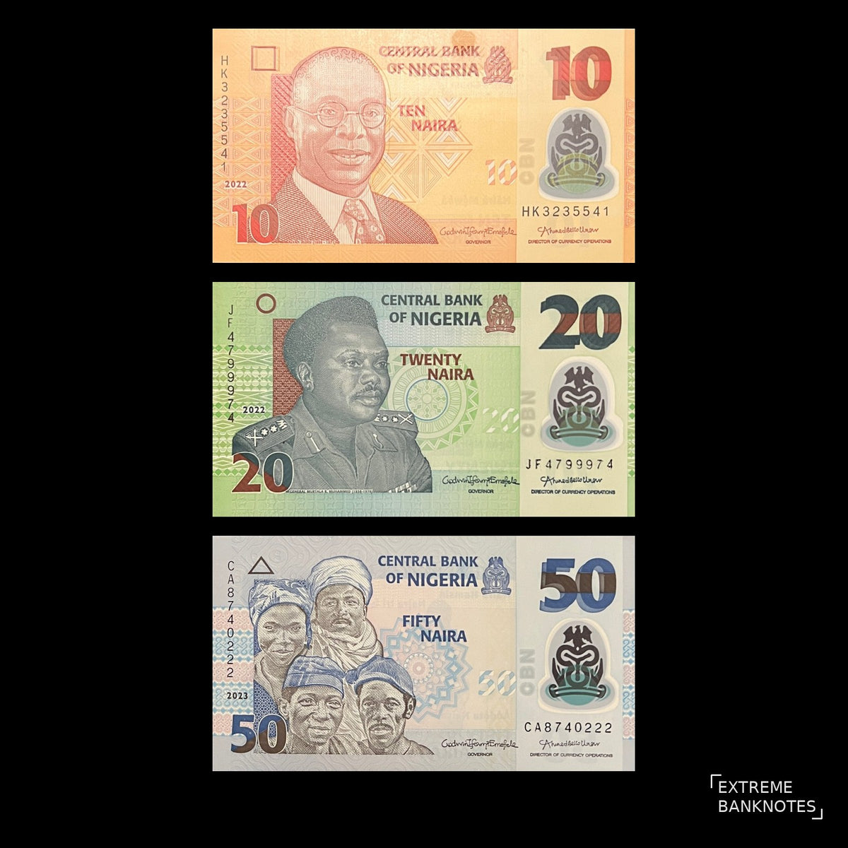 Front view of uncirculated Nigeria 10, 20 and 50 Naira polymer banknotes featuring Alvan Ikoku, General Murtala Muhammed and four Nigerian citizens.
