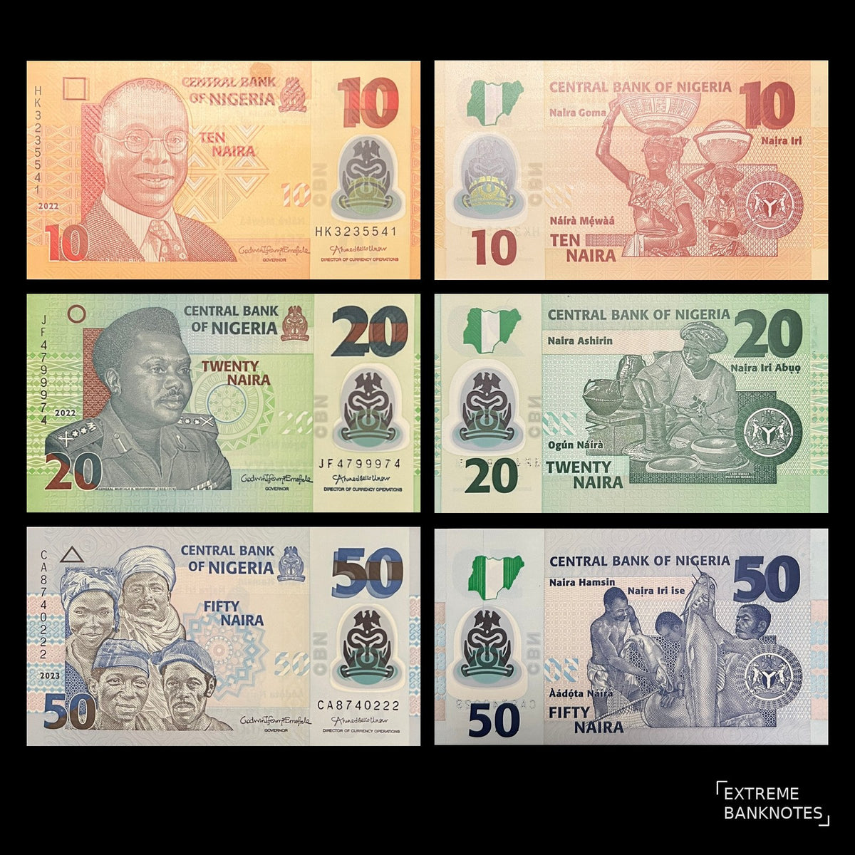 Nigeria 10, 20 & 50 Naira Polymer Set 2022-2023 UNC – fronts and backs with Alvan Ikoku, General Murtala Muhammed, Ladi Kwali and fishermen