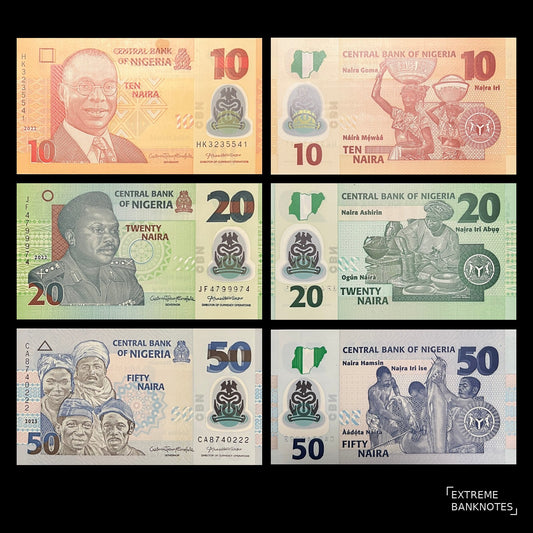 Nigeria 10, 20 & 50 Naira Polymer Set 2022-2023 UNC – fronts and backs with Alvan Ikoku, General Murtala Muhammed, Ladi Kwali and fishermen