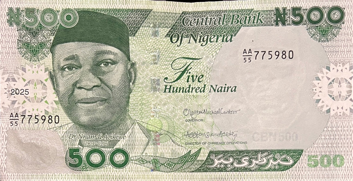 Front view of an extremely fine 2025 Nigeria 500 Naira banknote featuring Dr Nnamdi Azikiwe, first President of Nigeria.
