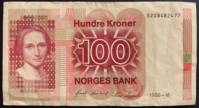 Front of the 1986 Norway 100 Kroner banknote (P-43c) featuring the portrait of Camilla Collett with detailed engraving and security features, shown in VF condition.