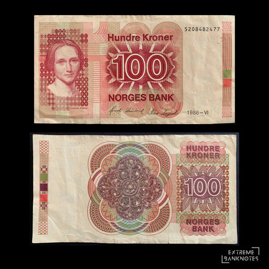 Norway 100 Kroner 1986 P-43c F+ Camilla Collett – front and back