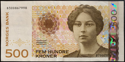 Front of the 2012 Norway 500 Kroner banknote (P-51f) featuring the portrait of Nobel Prize–winning author Sigrid Undset with detailed security features, shown in VF+ condition