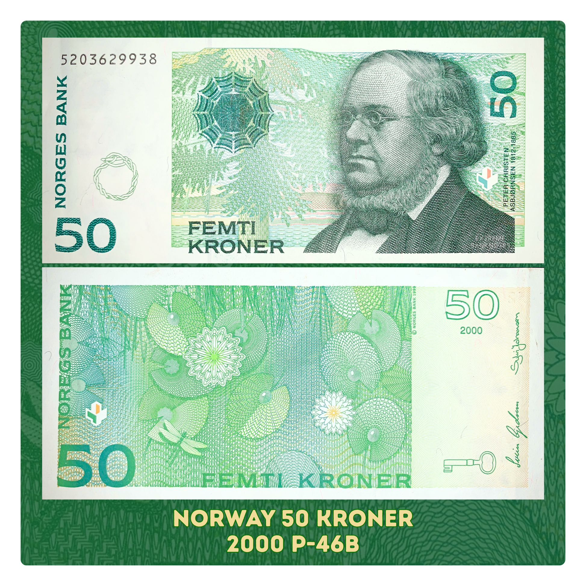front and back of Norway 50 Kroner 2000 XF P-46b collectible banknote