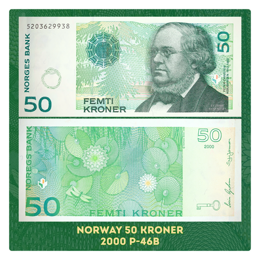 front and back of Norway 50 Kroner 2000 XF P-46b collectible banknote