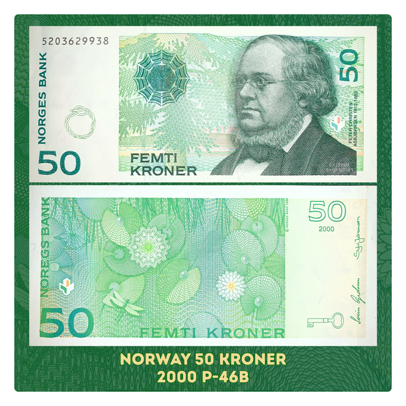 front and back of Norway 50 Kroner 2000 XF P-46b collectible banknote