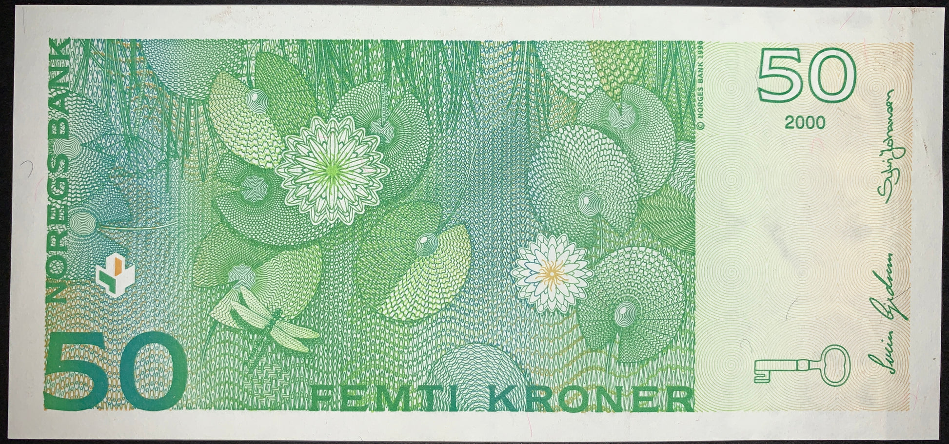 back of Norway 50 Kroner 2000 XF P-46b collectible banknote with dragonfly and water lilies
