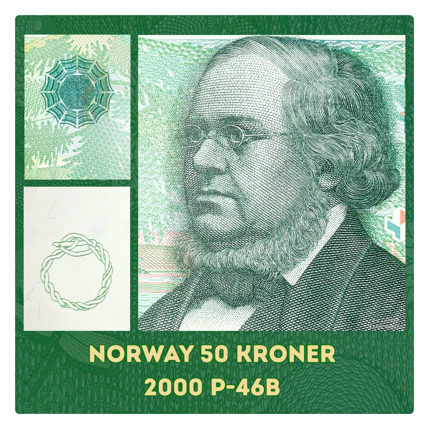 details of the front of Norway 50 Kroner 2000 XF P-46b collectible banknote