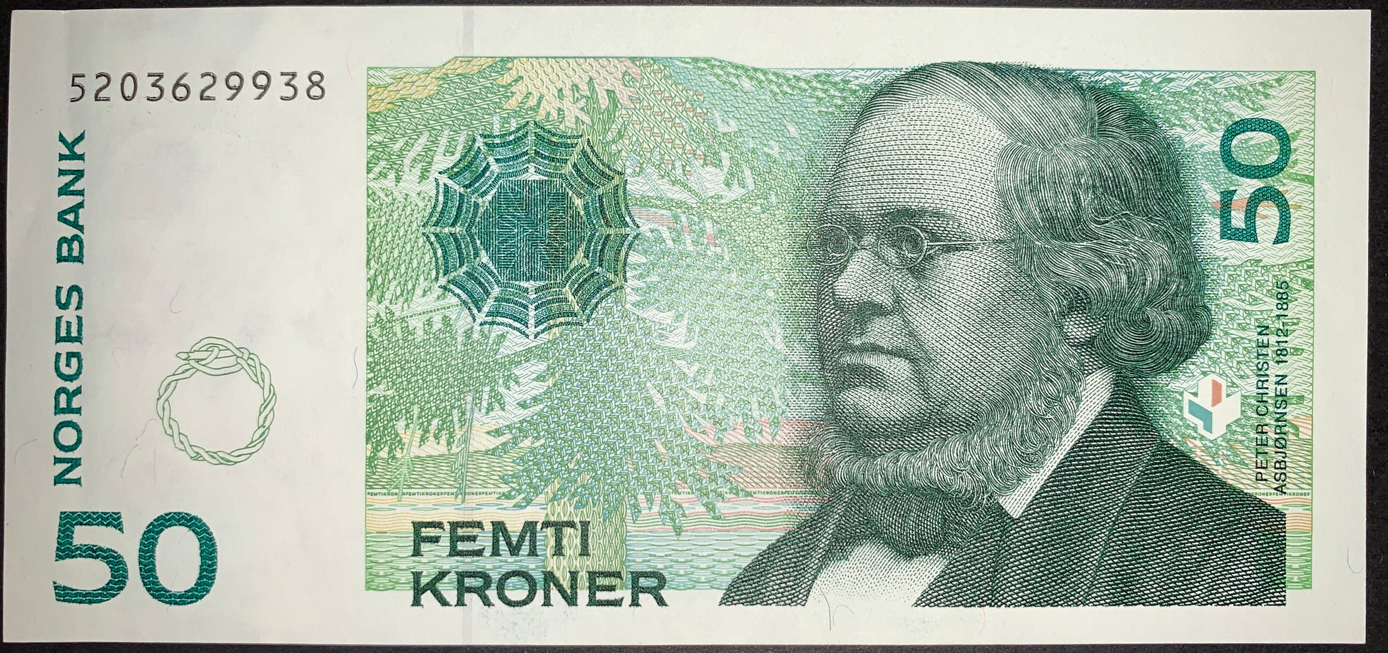 front of Norway 50 Kroner 2000 XF P-46b collectible banknote with portrait of Peter Christen Asbjørnsen