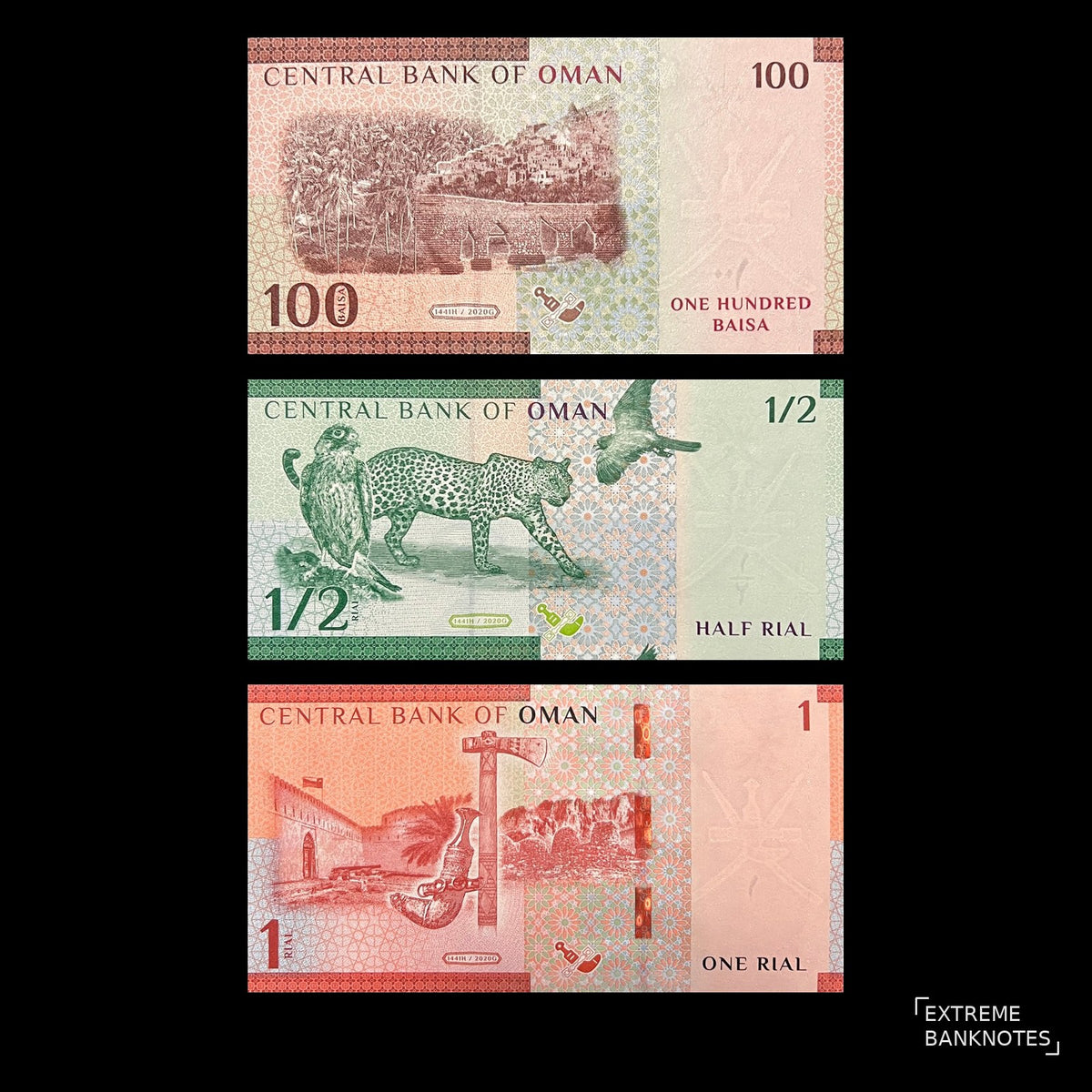 Back view of three 2020 Oman banknotes showing coconut palms and a falaj, the Arabian leopard with a sooty falcon, and Khasab Castle with a khanjar.