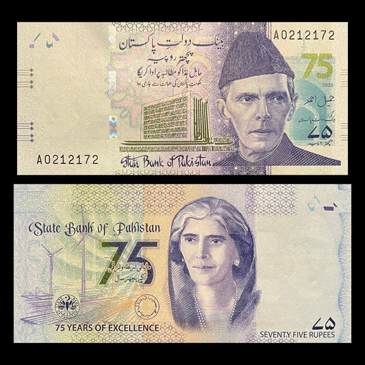 Pakistan 75 Rupees 2023 UNC banknote – front with Muhammad Ali Jinnah and the State Bank building, back with Fatima Jinnah and wind turbines
