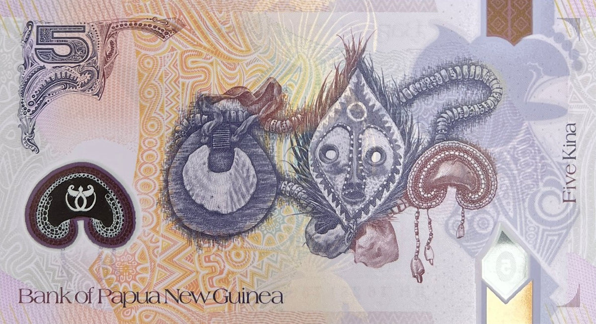 Back view of a 2016 Papua New Guinea 5 Kina banknote showing a Hombuli mask from the Sepik, a kina shell necklace and a New Ireland shell necklace.