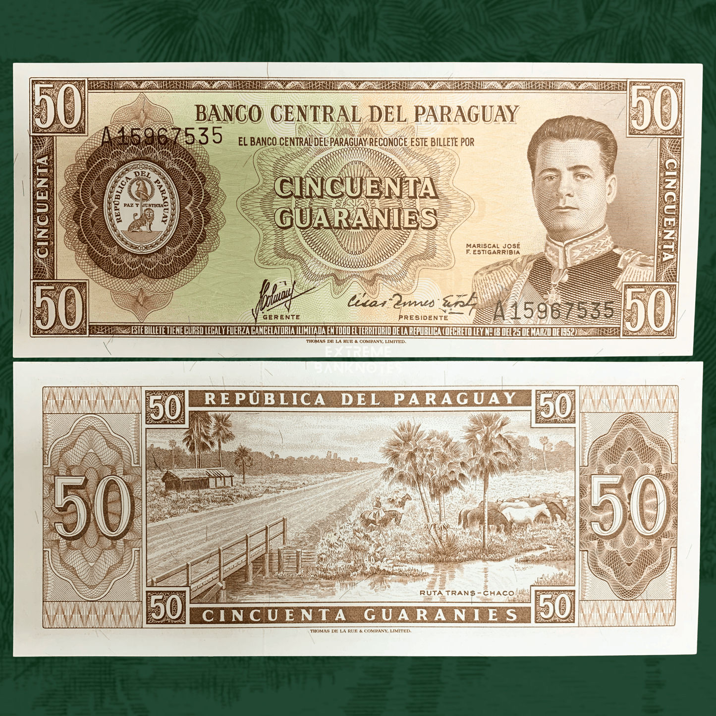 Front and reverse views of a Paraguay 50 Guaraníes banknote (P-197b), issued by Banco Central del Paraguay in 1963. The obverse features a portrait of Marshal José Félix Estigarribia in military uniform, the national coat of arms of Paraguay, ornate guilloche security patterns, and denomination markings. The reverse depicts a rural scene along the Trans-Chaco Route with a bridge, palm trees, grazing cattle, and countryside landscape. The banknote appears crisp with sharp details and minimal signs of handlin