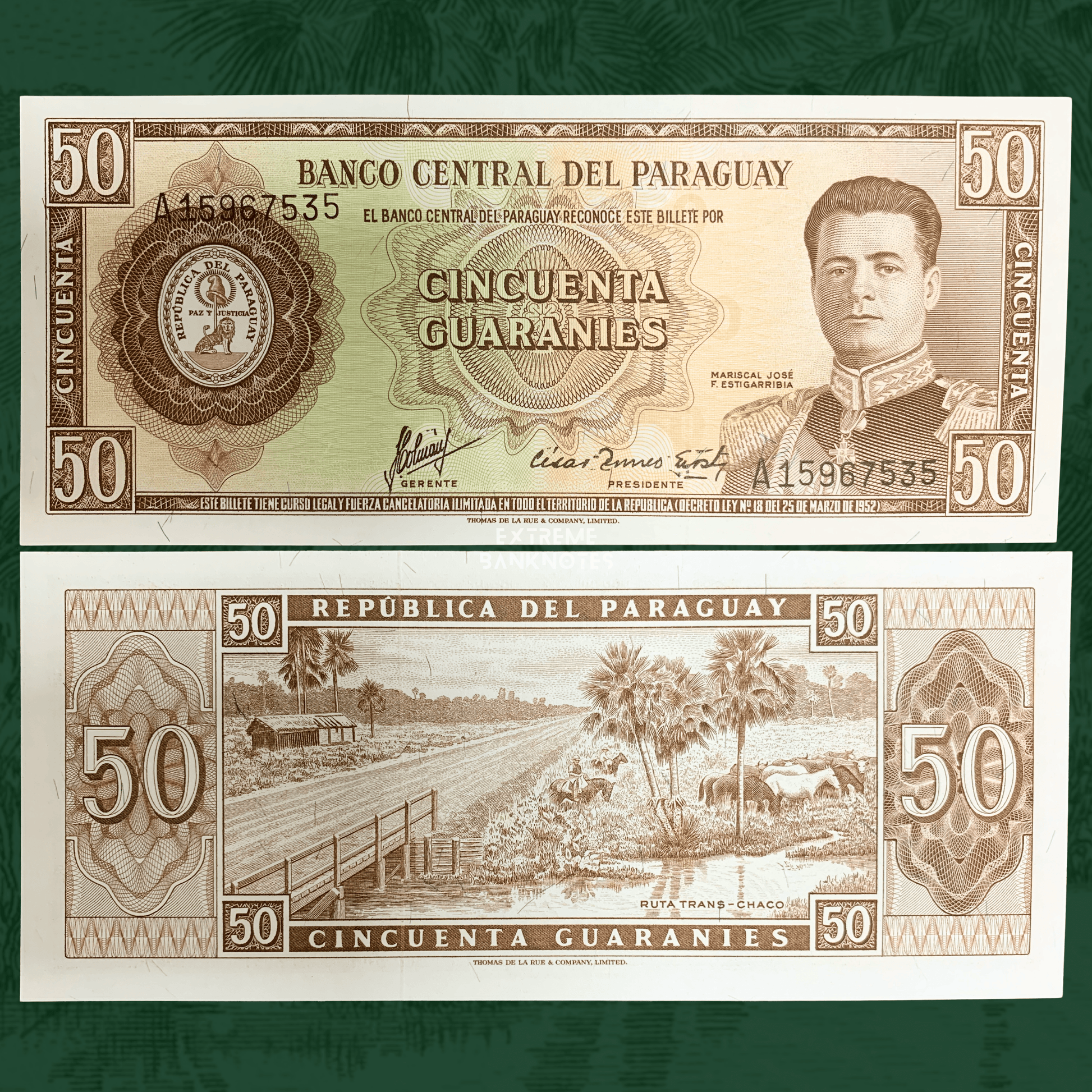 Front and reverse views of a Paraguay 50 Guaraníes banknote (P-197b), issued by Banco Central del Paraguay in 1963. The obverse features a portrait of Marshal José Félix Estigarribia in military uniform, the national coat of arms of Paraguay, ornate guilloche security patterns, and denomination markings. The reverse depicts a rural scene along the Trans-Chaco Route with a bridge, palm trees, grazing cattle, and countryside landscape. The banknote appears crisp with sharp details and minimal signs of handlin