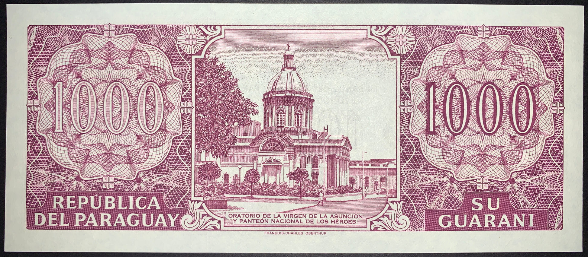 back of Paraguay 1000 Guaranies 2002 P-221 UNC Commemorative Banknote with building