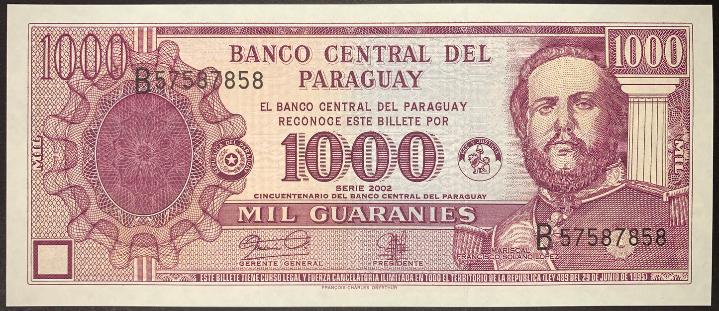 front of Paraguay 1000 Guaranies 2002 P-221 UNC Commemorative Banknote with portrait