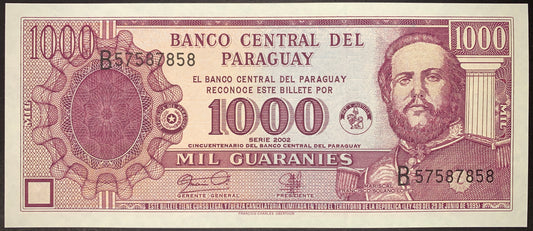 front of Paraguay 1000 Guaranies 2002 P-221 UNC Commemorative Banknote with portrait