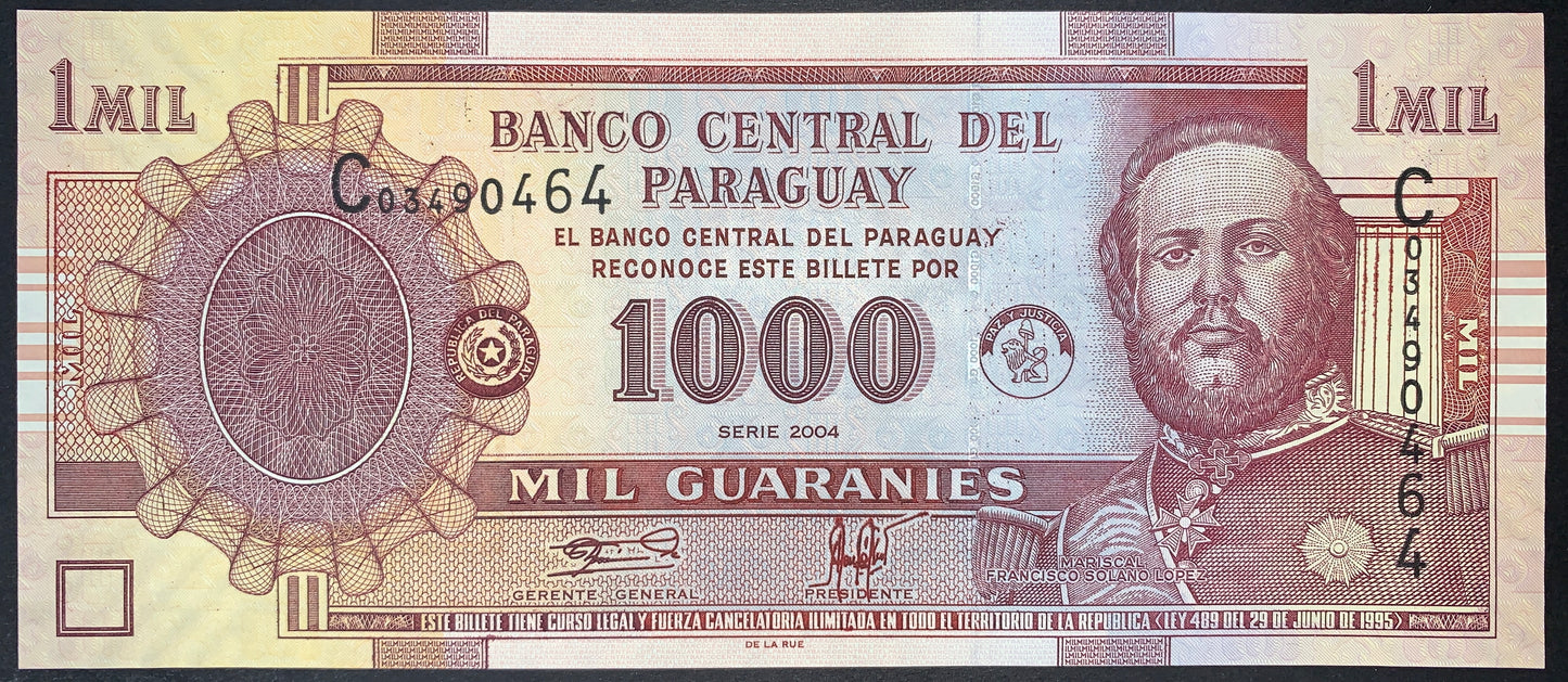 front of Paraguay 1000 Guaranies 2004 P-222a UNC collectible banknote with portrait