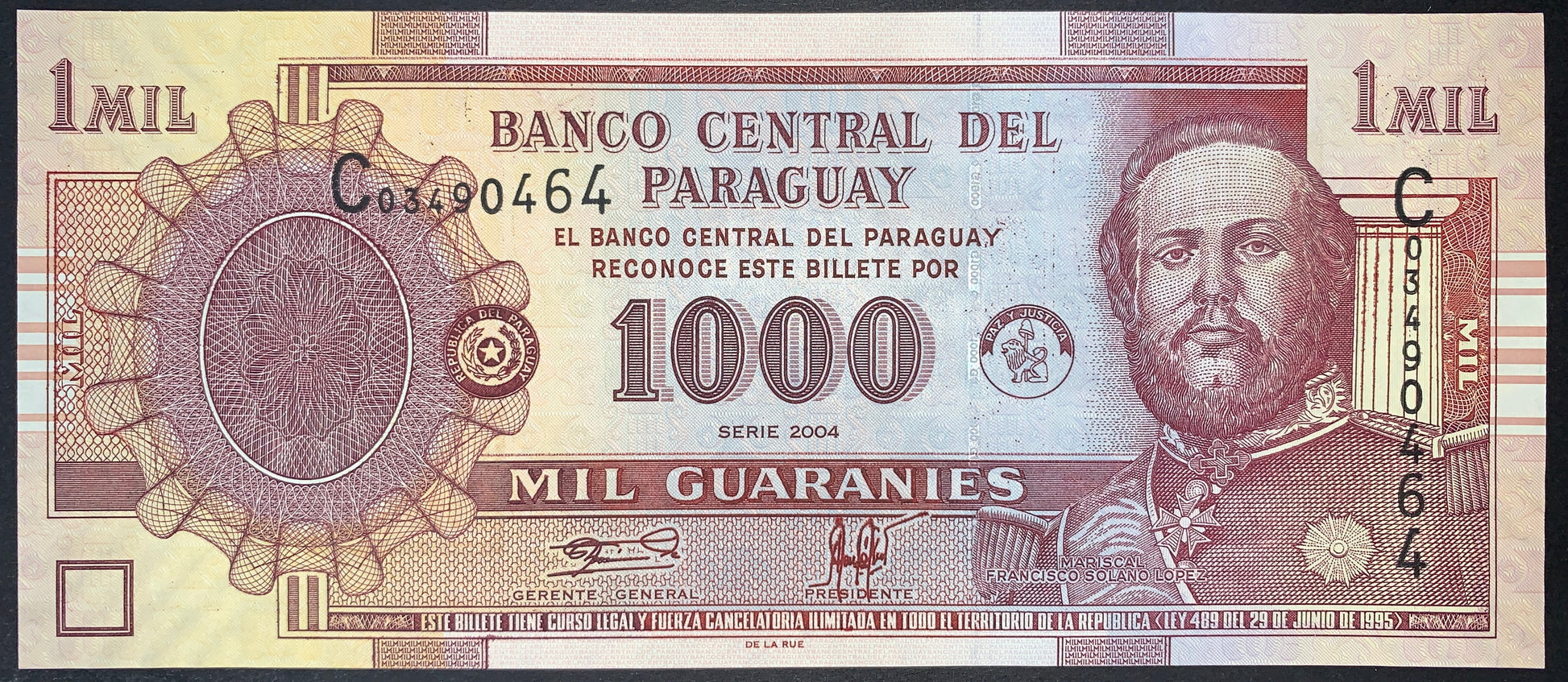 front of Paraguay 1000 Guaranies 2004 P-222a UNC collectible banknote with portrait