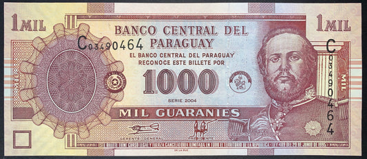 front of Paraguay 1000 Guaranies 2004 P-222a UNC collectible banknote with portrait