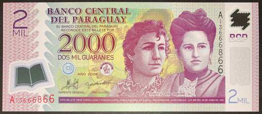 front of Paraguay 2000 Guaranies 2008 P-228a UNC Polymer colectible modern banknote with portraits of two women