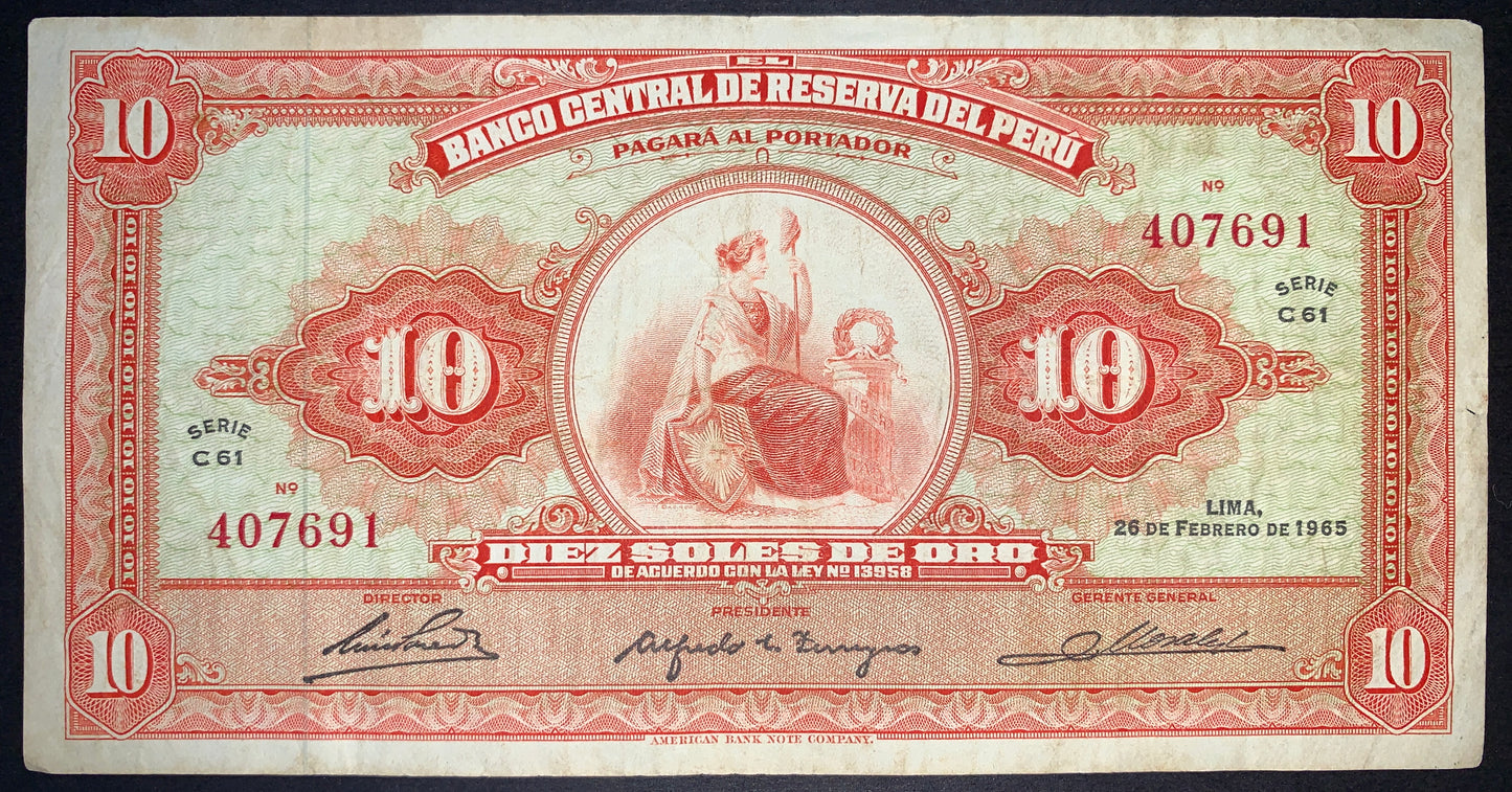 Peru 10 Soles de Oro 1965 P-88 VF