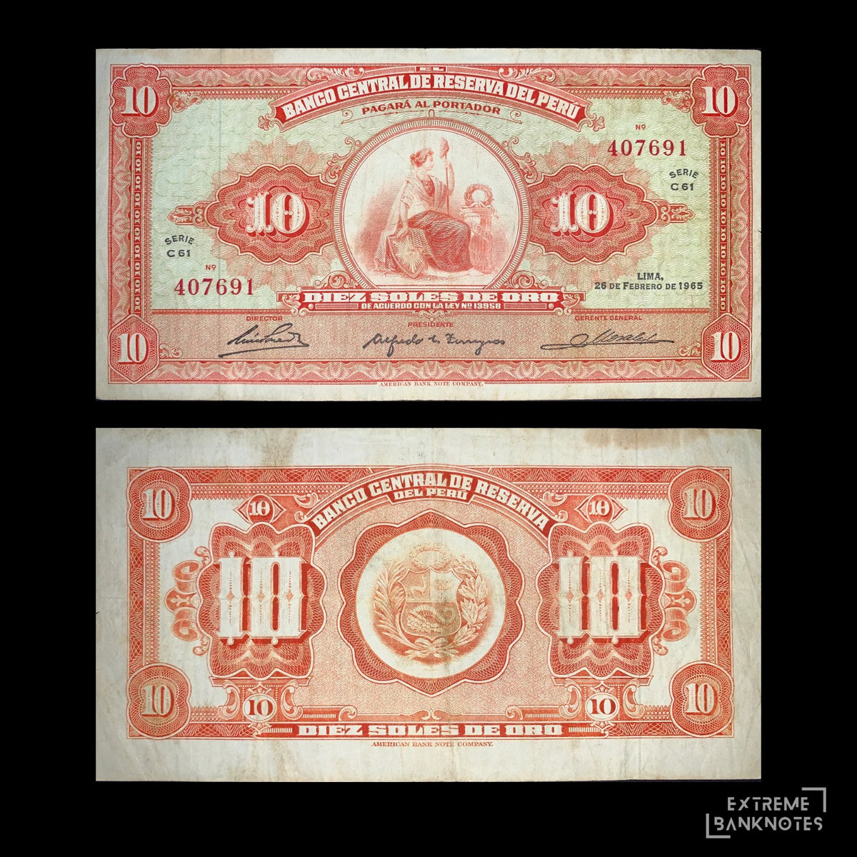 Peru 10 Soles de Oro 1965 P-88 VF – front and back