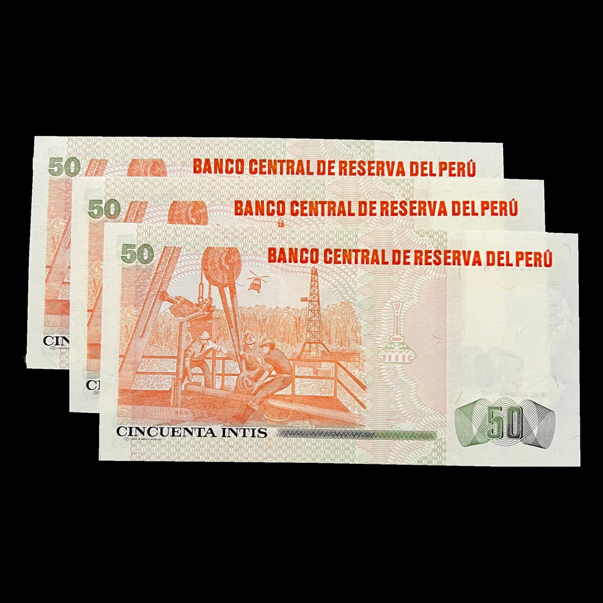 Back view of three 1987 Peru 50 Intis banknotes showing oil workers at a drilling rig with a helicopter.
