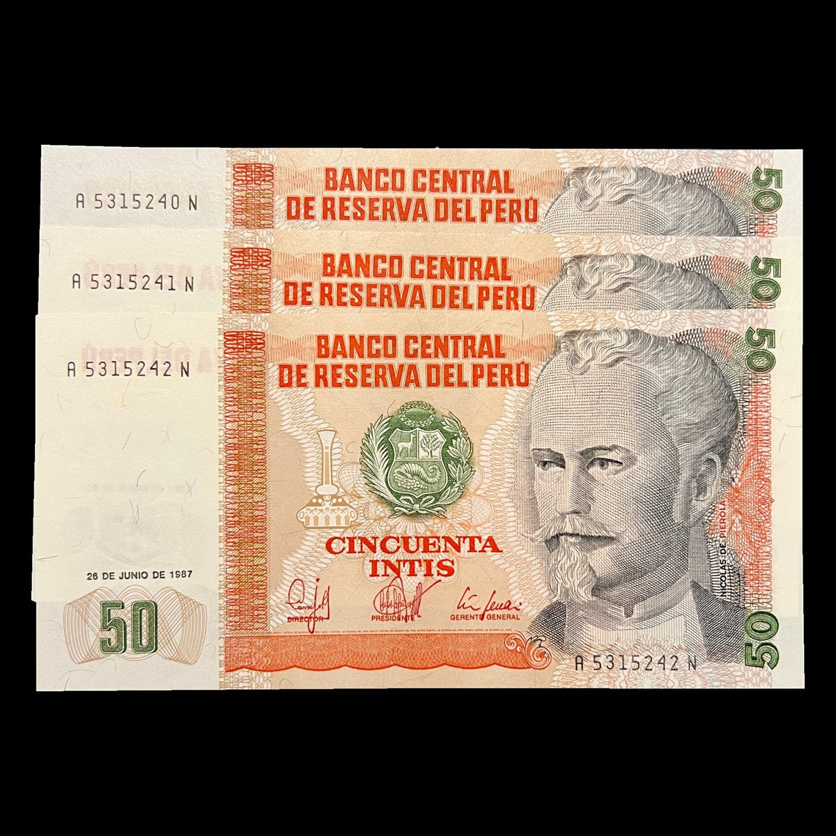Front view of three uncirculated 1987 Peru 50 Intis banknotes with consecutive serial numbers featuring Nicolás de Piérola.
